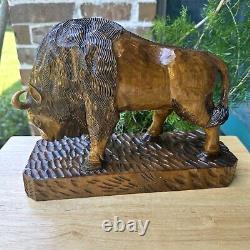 VTG Art Wood Hand Carved American Bison Buffalo Heavy Fine Details Adzed 12 L