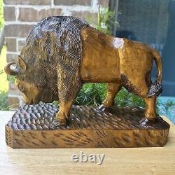 VTG Art Wood Hand Carved American Bison Buffalo Heavy Fine Details Adzed 12 L