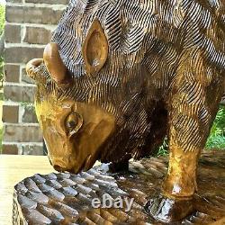 VTG Art Wood Hand Carved American Bison Buffalo Heavy Fine Details Adzed 12 L