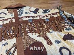 VTG Pioneer Wear Buffalo Blanket Coat LARGE Fringe Bison USA Western Jacket