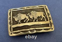 VTG Small Mid Size Sterling Silver Native Signed HY 2 Buffalo Bison Belt Buckle