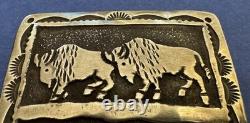 VTG Small Mid Size Sterling Silver Native Signed HY 2 Buffalo Bison Belt Buckle