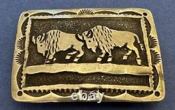 VTG Small Mid Size Sterling Silver Native Signed HY 2 Buffalo Bison Belt Buckle
