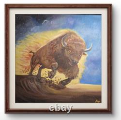 Vibrant and Colorful Modern Bison Art Acrylic Painting Stretched Canvas 12x12