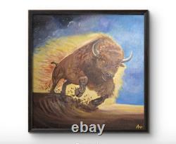 Vibrant and Colorful Modern Bison Art Acrylic Painting Stretched Canvas 12x12