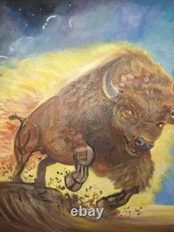 Vibrant and Colorful Modern Bison Art Acrylic Painting Stretched Canvas 12x12