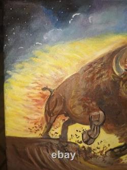 Vibrant and Colorful Modern Bison Art Acrylic Painting Stretched Canvas 12x12