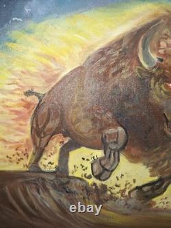Vibrant and Colorful Modern Bison Art Acrylic Painting Stretched Canvas 12x12