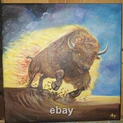 Vibrant and Colorful Modern Bison Art Acrylic Painting Stretched Canvas 12x12
