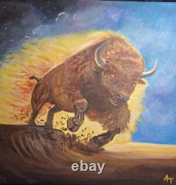 Vibrant and Colorful Modern Bison Art Acrylic Painting Stretched Canvas 12x12
