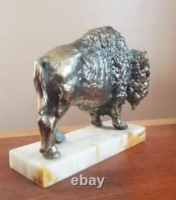 Vintage 1960s Buffalo Bison Sculpture Onyx Base Pot Metal New Diamond