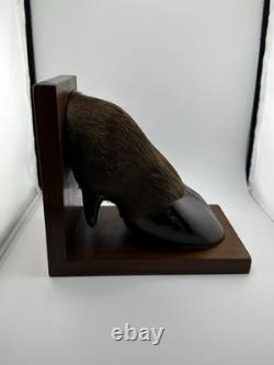 Vintage American Buffalo/Bison Taxidermied Hoof Bookends Mahogany Wood Bases