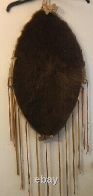 Vintage American Indian Wall Hanging Buffalo Hide Shield & Bison Leather Straps