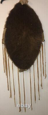 Vintage American Indian Wall Hanging Buffalo Hide Shield & Bison Leather Straps