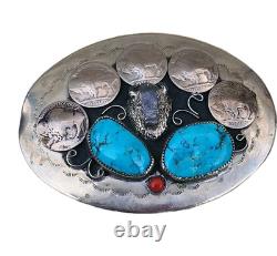 Vintage Bison Nickels Belt Buckle Turquoise Coral Western Belt Large 4 X 3