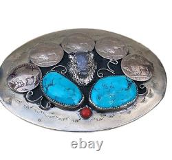 Vintage Bison Nickels Belt Buckle Turquoise Coral Western Belt Large 4 X 3