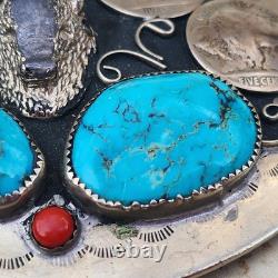 Vintage Bison Nickels Belt Buckle Turquoise Coral Western Belt Large 4 X 3