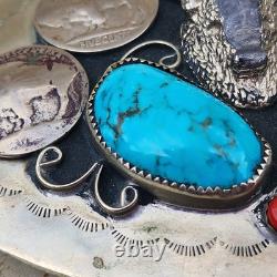Vintage Bison Nickels Belt Buckle Turquoise Coral Western Belt Large 4 X 3