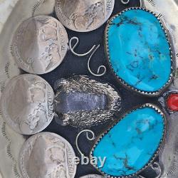 Vintage Bison Nickels Belt Buckle Turquoise Coral Western Belt Large 4 X 3