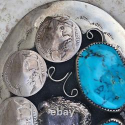 Vintage Bison Nickels Belt Buckle Turquoise Coral Western Belt Large 4 X 3