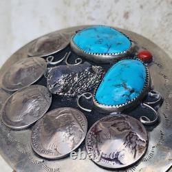 Vintage Bison Nickels Belt Buckle Turquoise Coral Western Belt Large 4 X 3