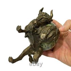 Vintage Bronze Bull Buffalo Bison Round Marble Sphere Body Wall Street Sculpture