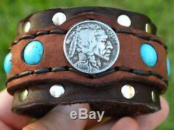Vintage Buffalo Indian Nickel coin cuff bracelet Bison leather lovely gift