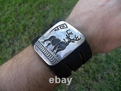 Vintage Deer sterling silver Buffalo Bison leather cuff bracelet customize size