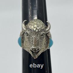Vintage Estate Navajo Signed Ted OTT Sterling Silver Turquoise Bison Ring Sz 8.5