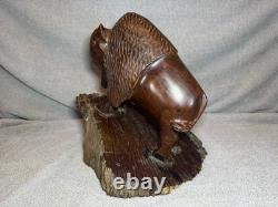 Vintage Hand Carved 11 Inch Tall Dark Wooden Buffalo Statue