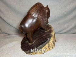 Vintage Hand Carved 11 Inch Tall Dark Wooden Buffalo Statue