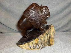 Vintage Hand Carved 11 Inch Tall Dark Wooden Buffalo Statue