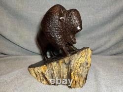 Vintage Hand Carved 11 Inch Tall Dark Wooden Buffalo Statue
