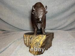 Vintage Hand Carved 11 Inch Tall Dark Wooden Buffalo Statue