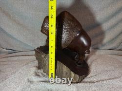 Vintage Hand Carved 11 Inch Tall Dark Wooden Buffalo Statue