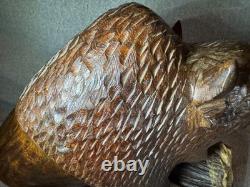 Vintage Hand Carved 11 Inch Tall Dark Wooden Buffalo Statue