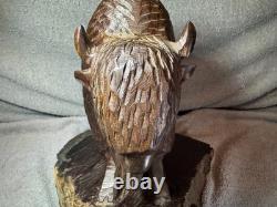Vintage Hand Carved 11 Inch Tall Dark Wooden Buffalo Statue