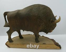 Vintage Large Hand Carved Wood Buffalo Bison Statue Figure Sculpture US