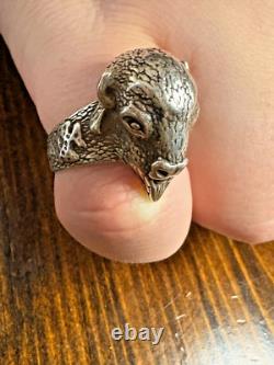 Vintage Mens Southwestern Buffalo Bison Sterling Silver Ring Size 11.5 Signed SB