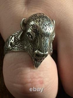 Vintage Mens Southwestern Buffalo Bison Sterling Silver Ring Size 11.5 Signed SB