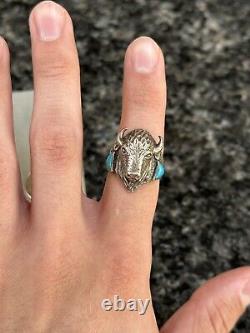 Vintage Native American Sterling Silver & Turquoise Buffalo Bison Ring Sz 9.75