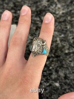 Vintage Native American Sterling Silver & Turquoise Buffalo Bison Ring Sz 9.75