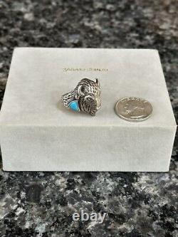 Vintage Native American Sterling Silver & Turquoise Buffalo Bison Ring Sz 9.75