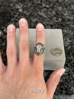 Vintage Native American Sterling Silver & Turquoise Buffalo Bison Ring Sz 9.75