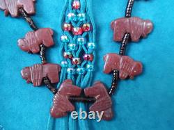 Vintage Native American Zuni Pipe Stone Bison Fetish Heishi Shell Necklace