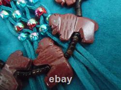 Vintage Native American Zuni Pipe Stone Bison Fetish Heishi Shell Necklace