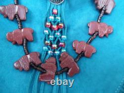 Vintage Native American Zuni Pipe Stone Bison Fetish Heishi Shell Necklace