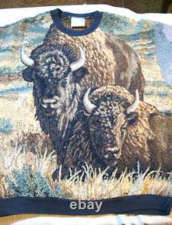 Vintage SUGAR STREET WEAVERS Sweater BUFFALO BISON Mountains Tapestry USA XL