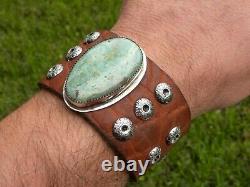 Vintage sterling silver Turquoise genuine Bison leather cuff bracelet wristband