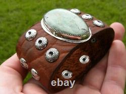 Vintage sterling silver Turquoise genuine Bison leather cuff bracelet wristband